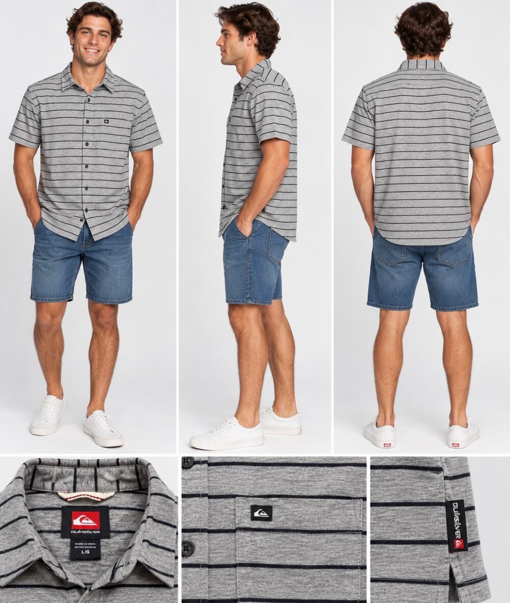 Quiksilver Men’s Large Gray Striped Button Up Shirt Surf Skate Casual NWT